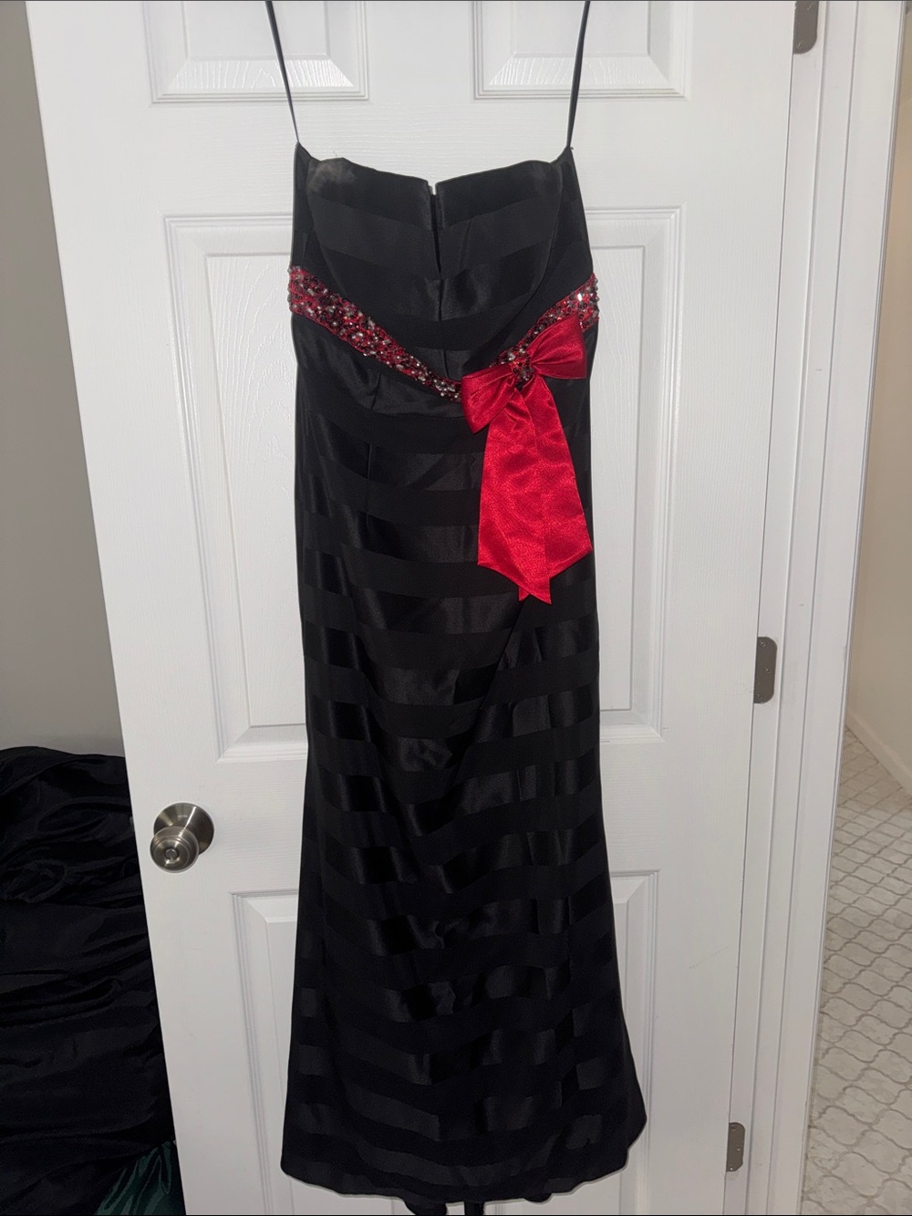 Black Evening Dress with Red Bow Accent
